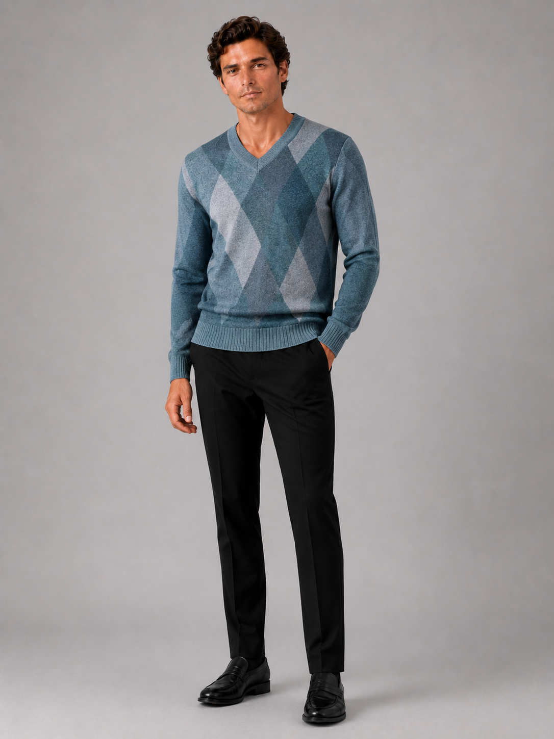 Blue plaid v neck sweater for men long sleeve pullover for everyday fall wear