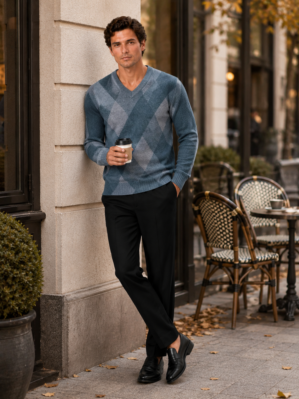Man styling blue plaid v neck knit sweater in a refined fall lifestyle outfit
