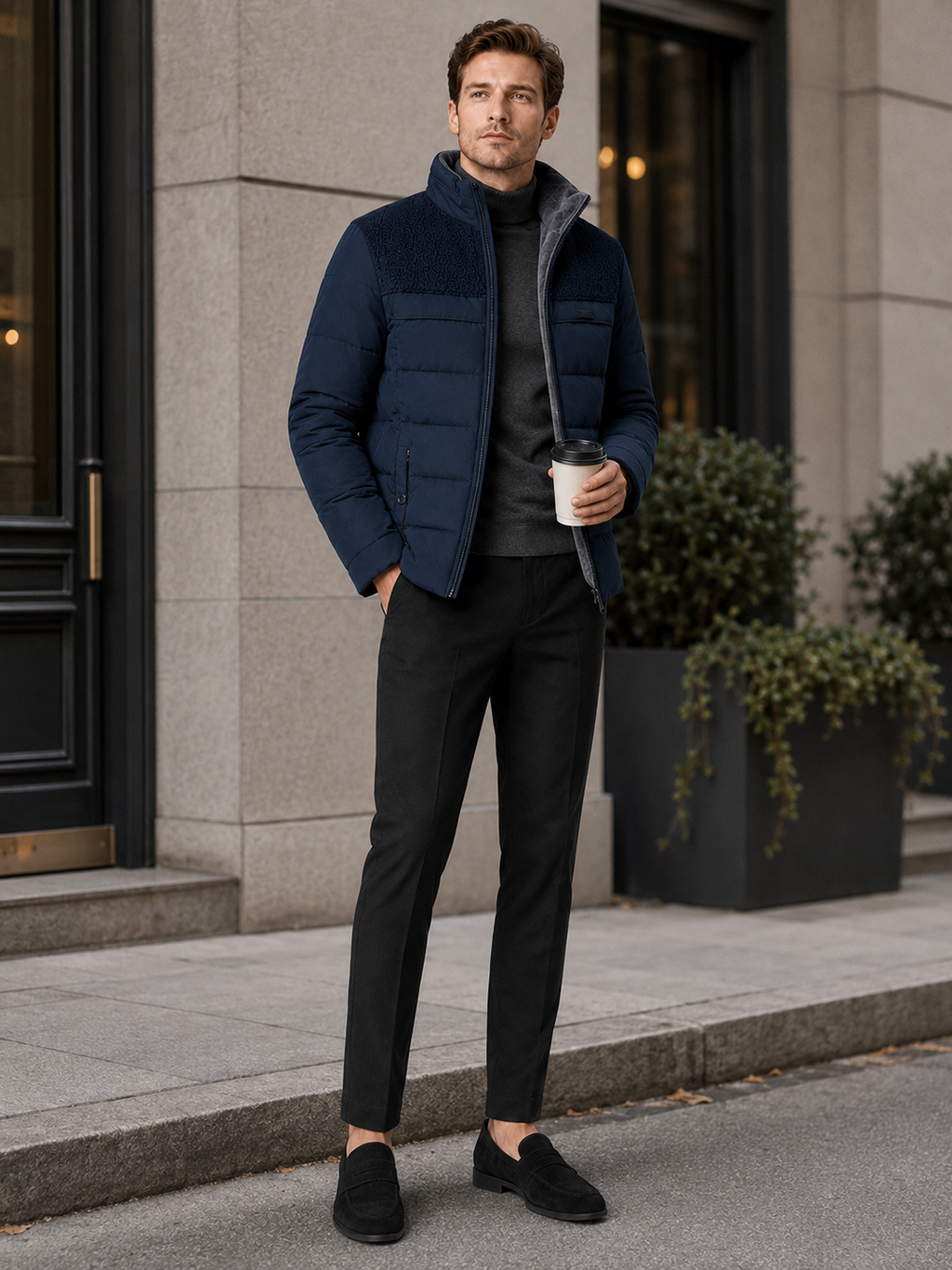 Man styling blue plush lined puffer jacket in a rugged outdoor and everyday winter lifestyle outfit