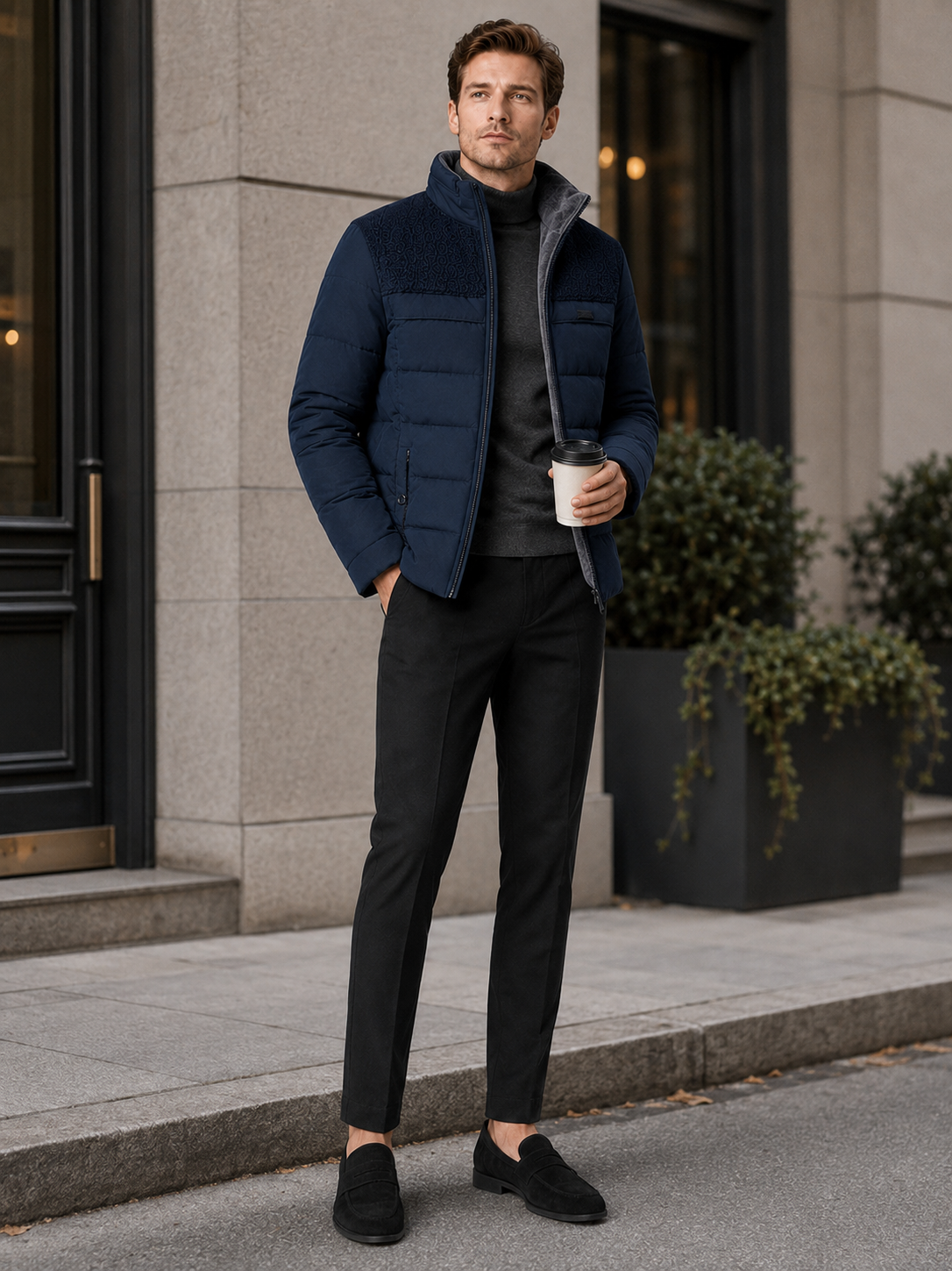Man styling blue plush lined puffer jacket in a rugged outdoor and everyday winter lifestyle outfit