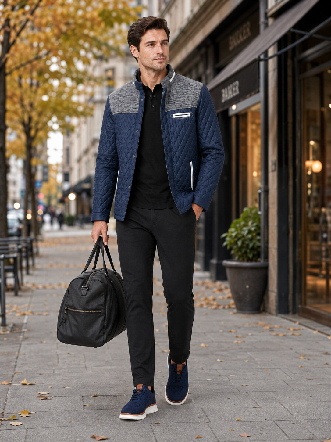 Man styling blue quilted jacket in a classic travel and everyday lifestyle outfit