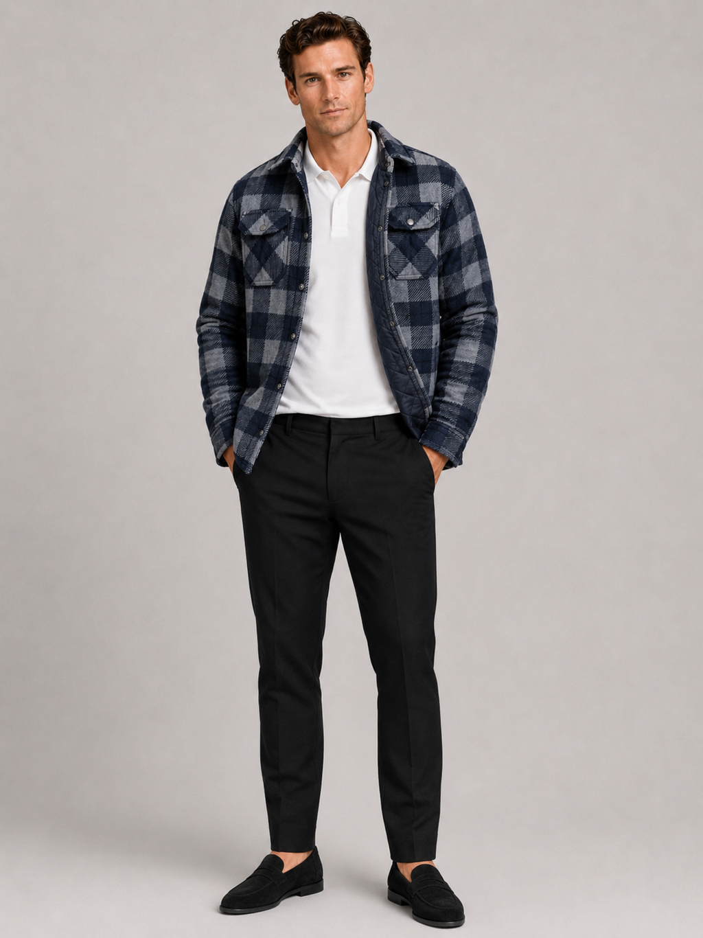 Blue quilted jacket for men plaid flannel lined warm fall winter outerwear for everyday wear