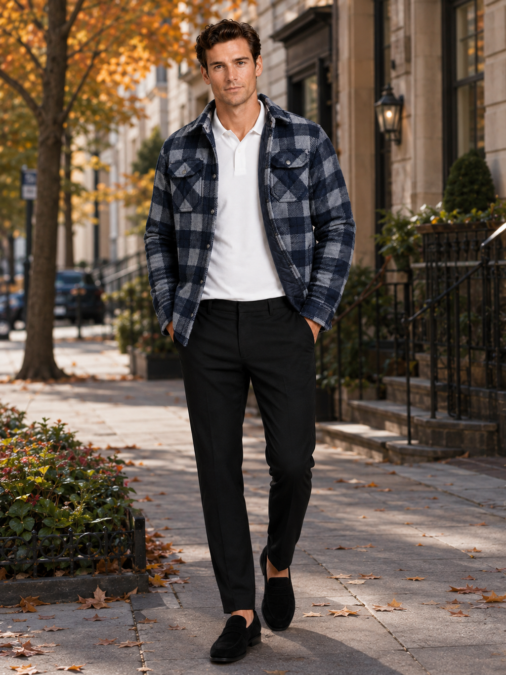 Man styling blue quilted jacket with plaid flannel lining in a rugged outdoor and everyday winter lifestyle outfit