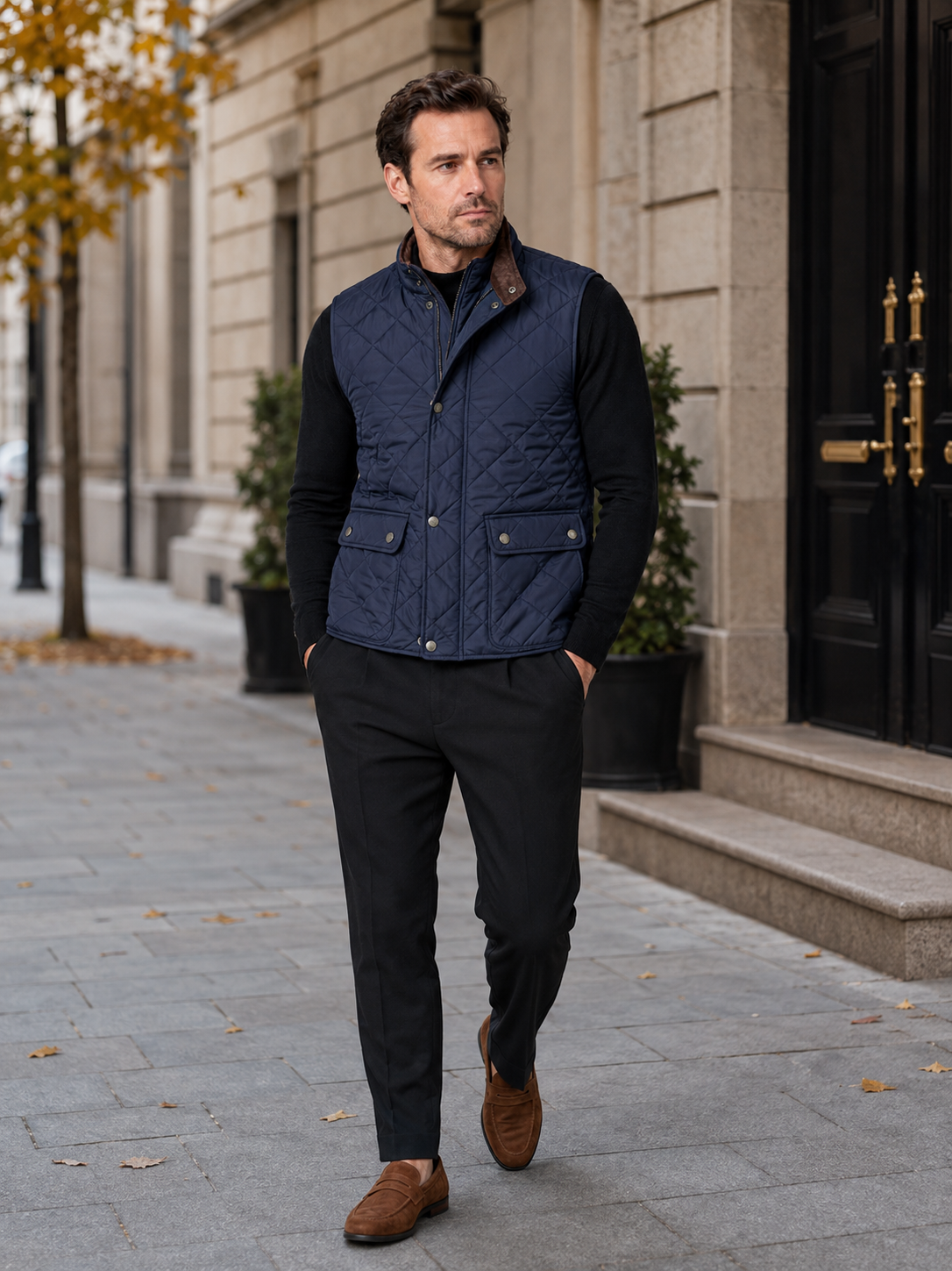 Man wearing a blue quilted multi-pocket vest in a casual fall winter outfit for outdoor and everyday wear