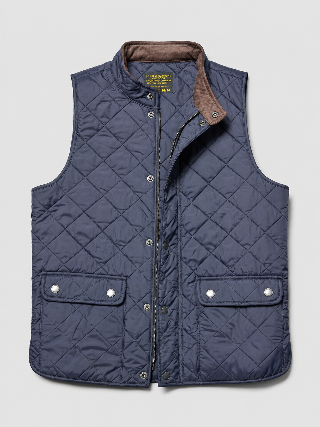 Blue men’s thick padded quilted vest with a polo collar and multi-pocket design displayed on a plain background