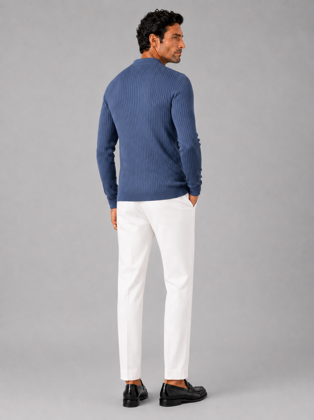 Men’s blue ribbed stripe polo shirt comfortable long sleeve knit top for winter wear