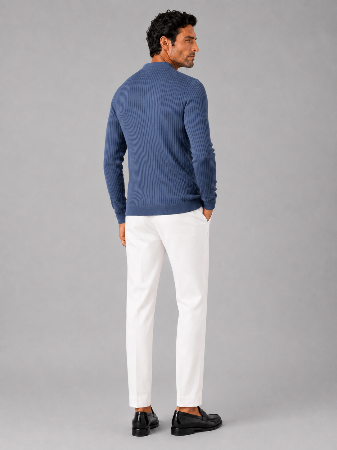 Men’s blue ribbed stripe polo shirt comfortable long sleeve knit top for winter wear
