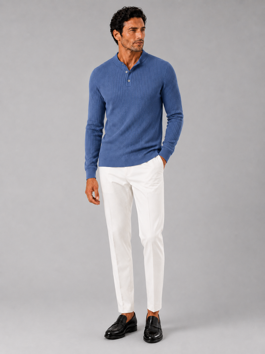 Blue slim fit henley polo shirt for men long sleeve business casual autumn top