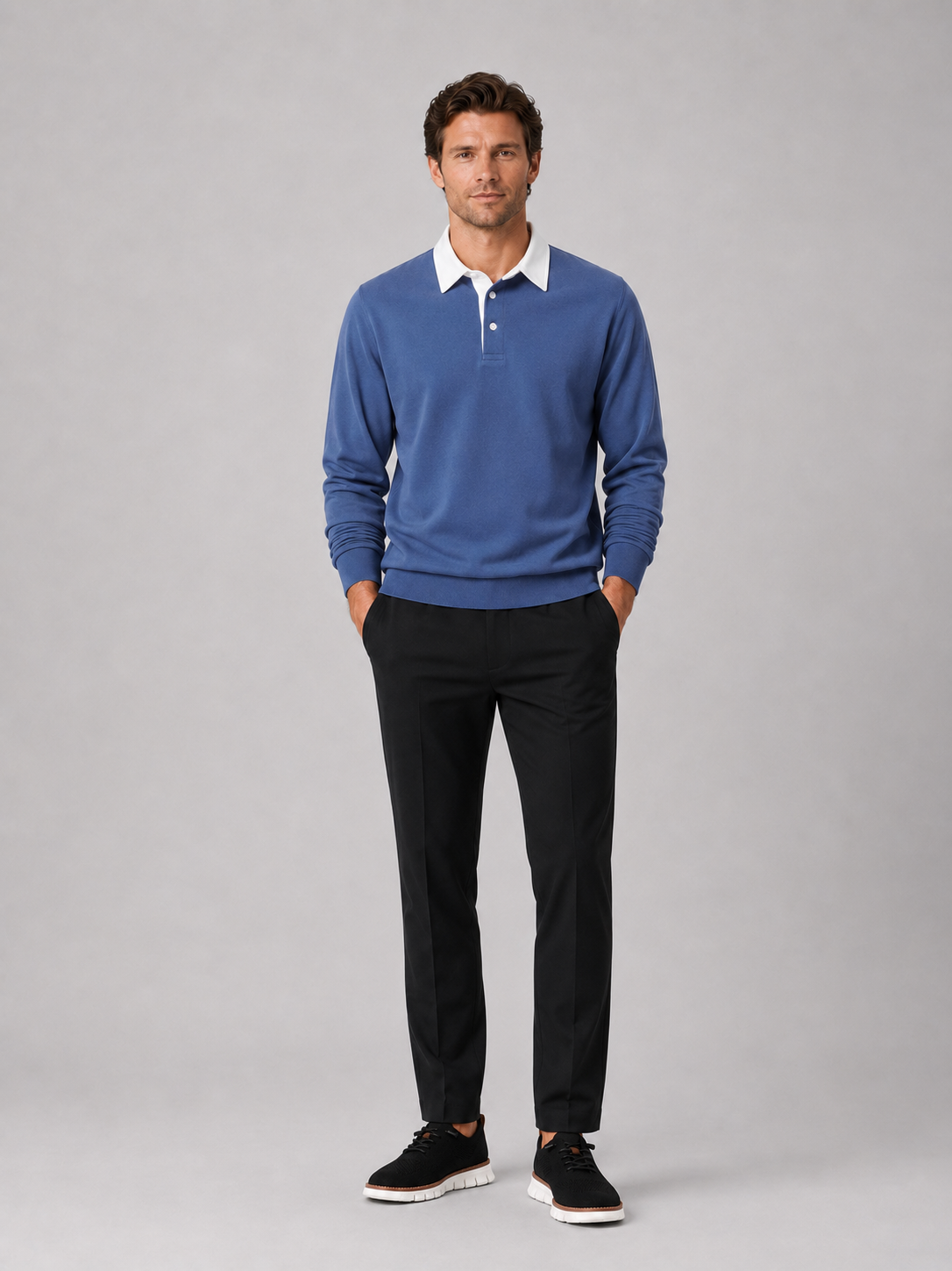 Blue rugby polo shirt for men long sleeve loose fit top for everyday wear