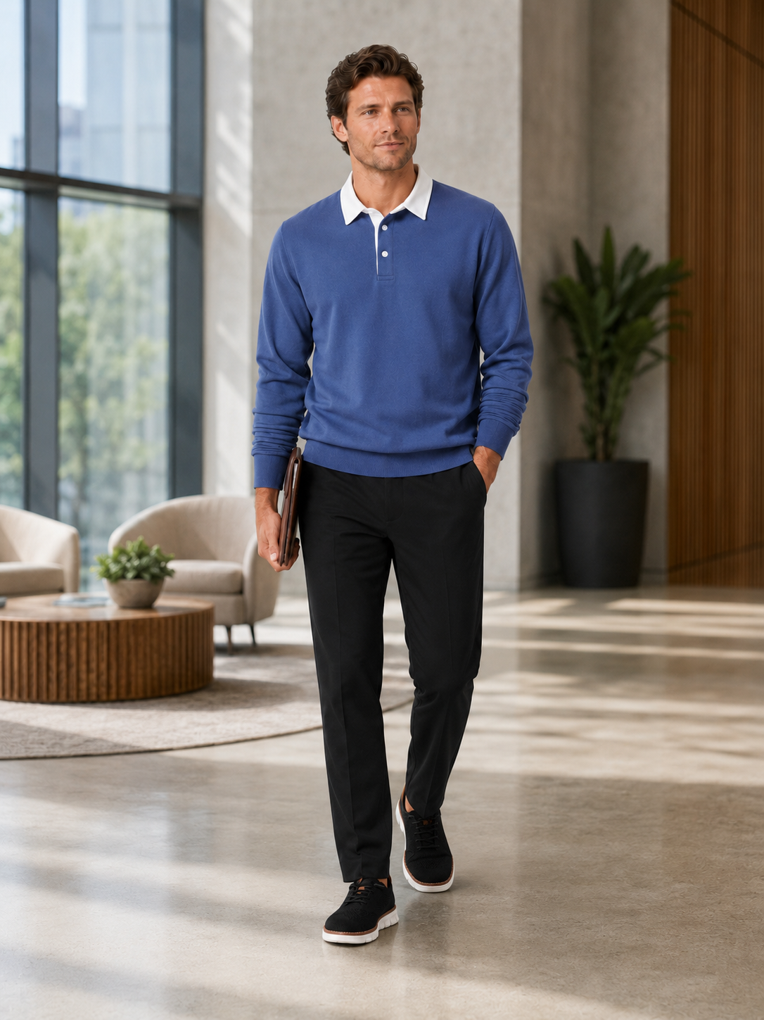 Man styling blue rugby polo shirt in a polished everyday business casual lifestyle outfit
