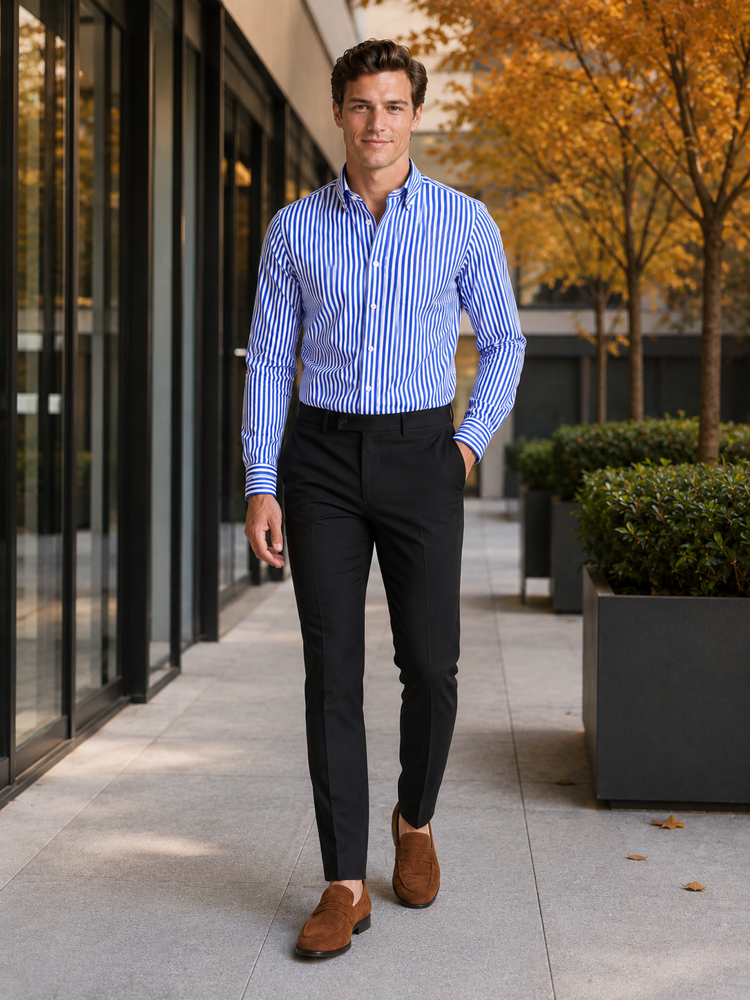 Man styling blue striped button down shirt in a refined office and everyday business casual outfit