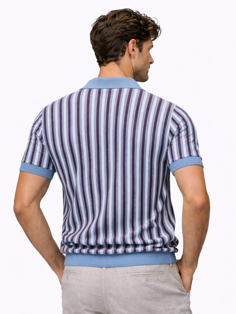 Blue striped knitted polo shirt open collar soft breathable fabric clean refined casual outfit