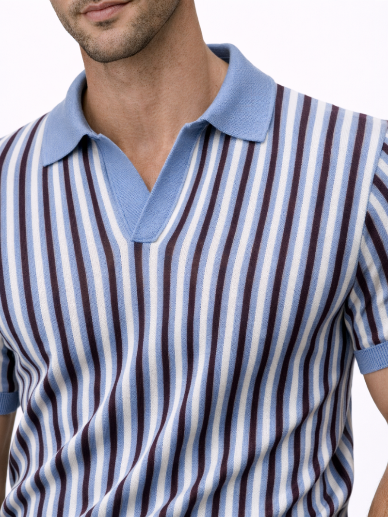 Men’s blue striped knit polo open collar lightweight comfortable summer everyday wear