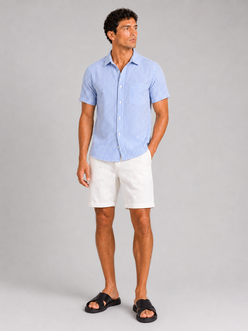 Blue seersucker striped shirt for men short sleeve lightweight casual summer wear