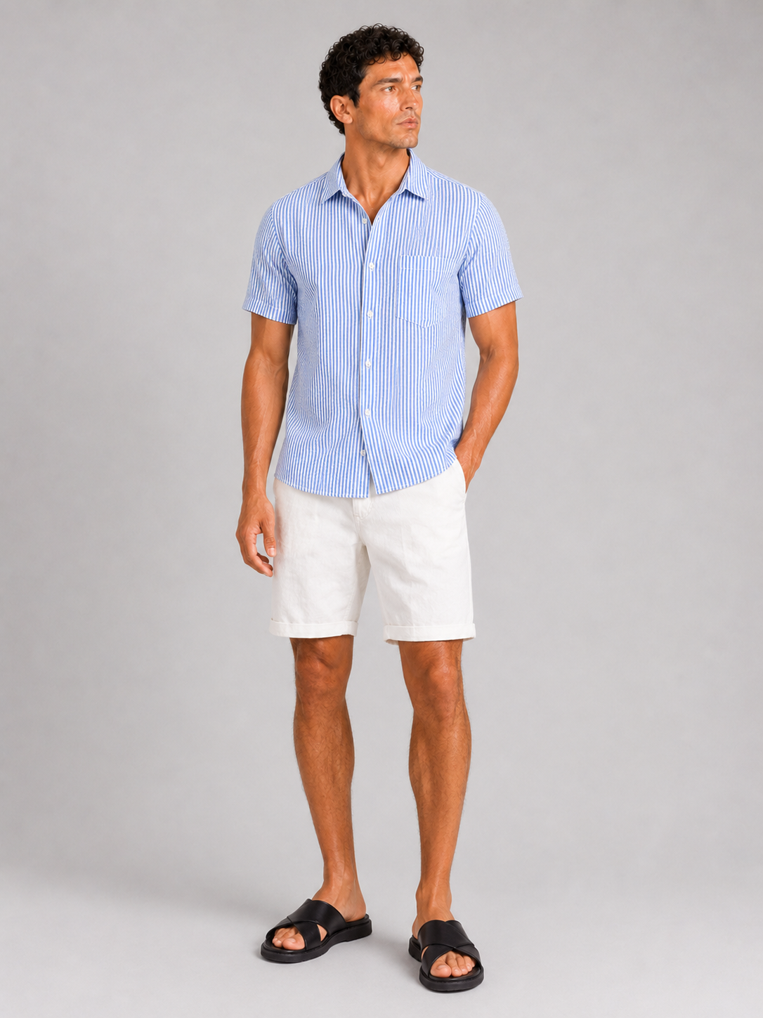 Blue seersucker striped shirt for men short sleeve lightweight casual summer wear