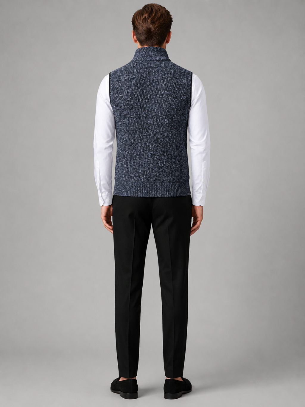 Men’s blue stand collar sweater vest comfortable sleeveless knit layer for office and casual outfits