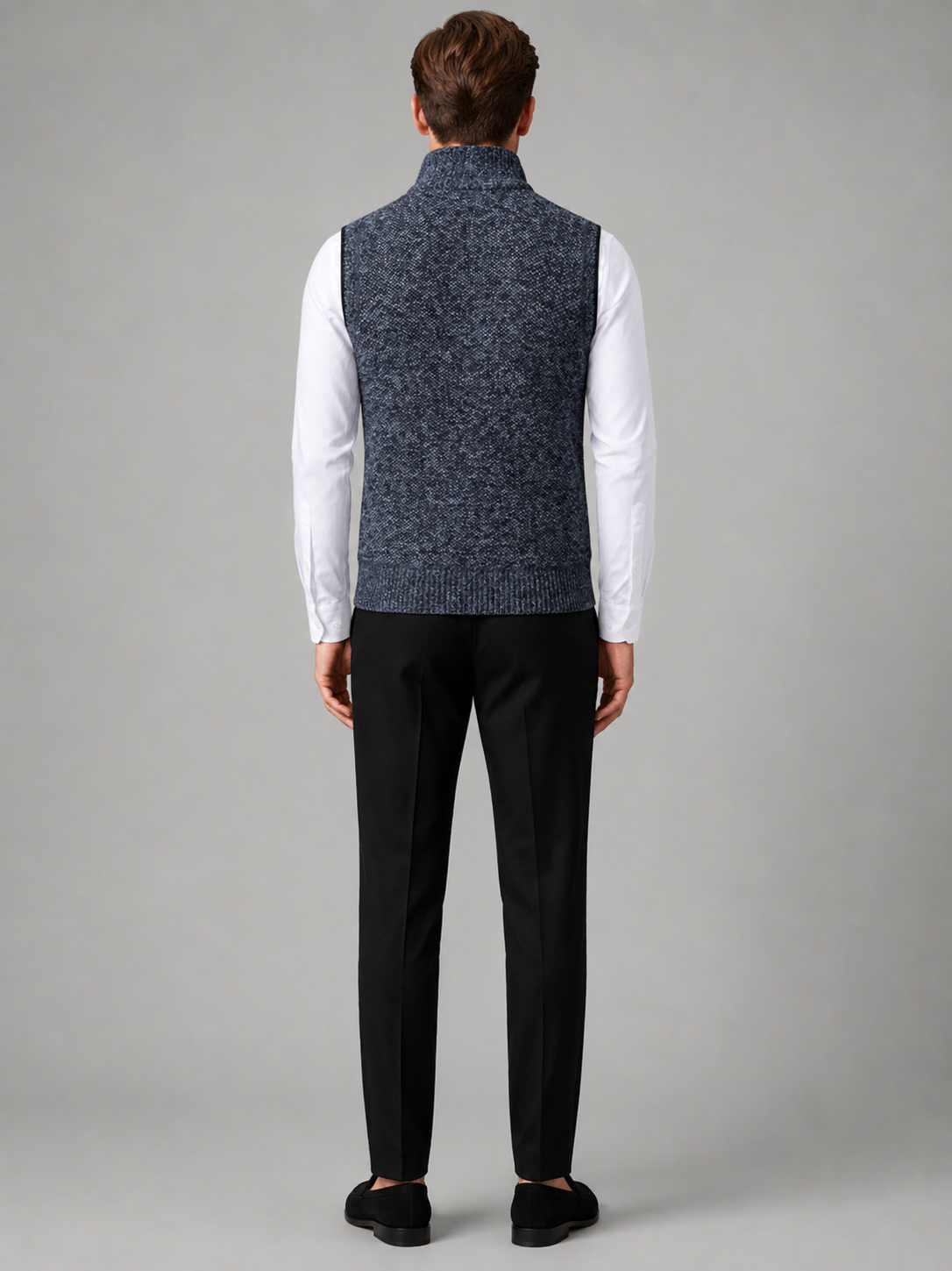 Men’s blue stand collar sweater vest comfortable sleeveless knit layer for office and casual outfits