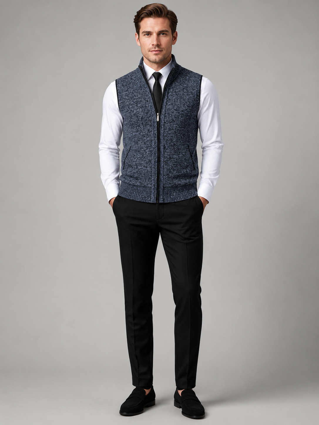 Blue full zip sweater vest for men slim fit knit layer for business casual and everyday wear