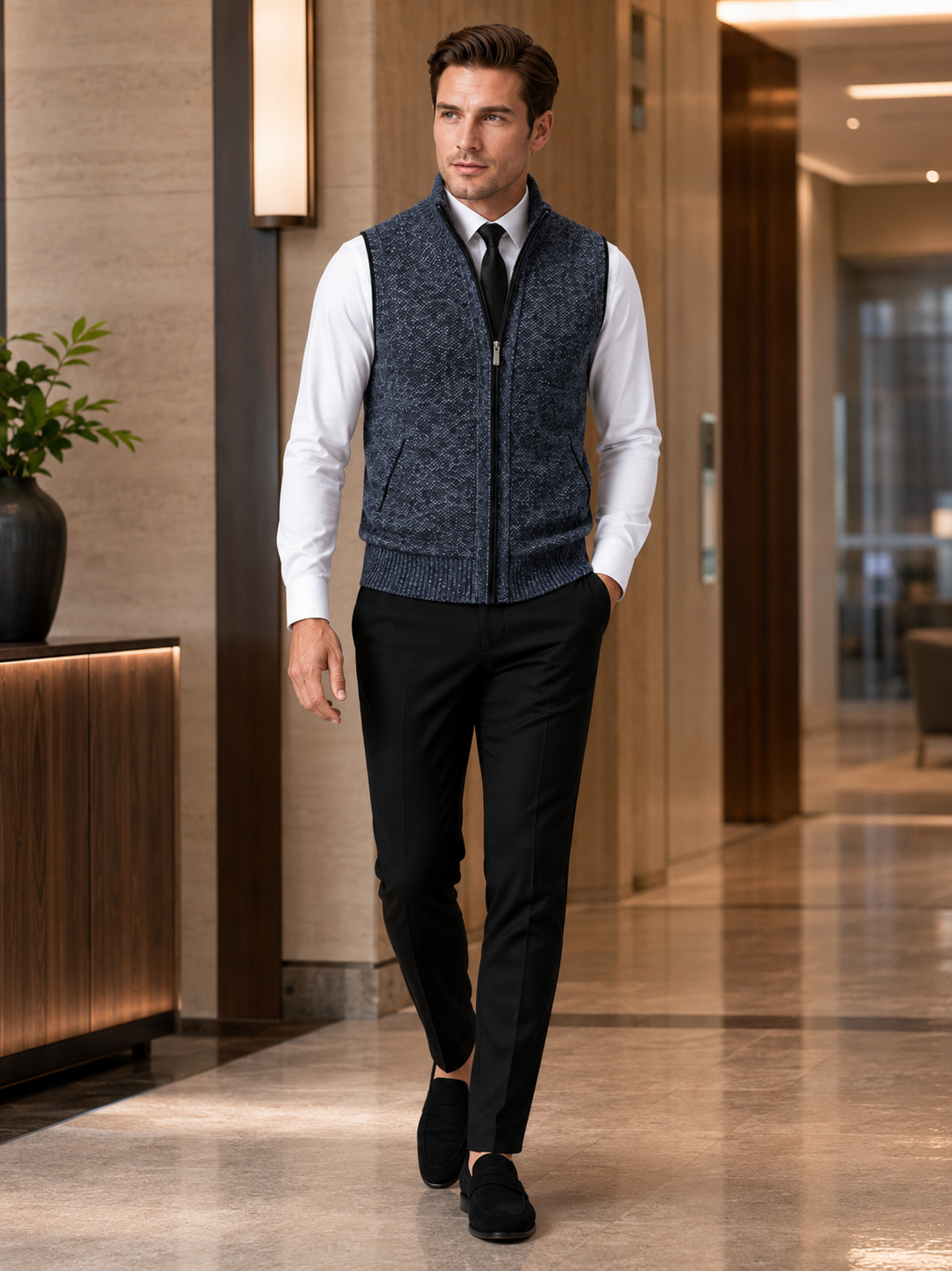Man styling blue full zip sweater vest in a polished business casual and everyday lifestyle outfit