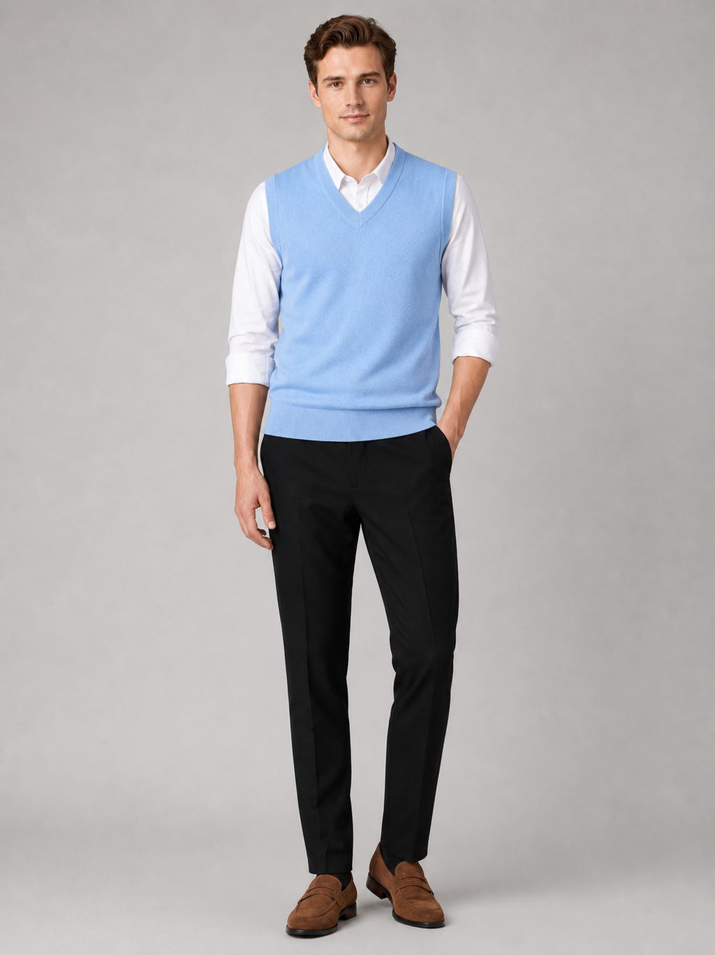 Blue v neck sweater vest for men lightweight knit layer for business casual and everyday wear