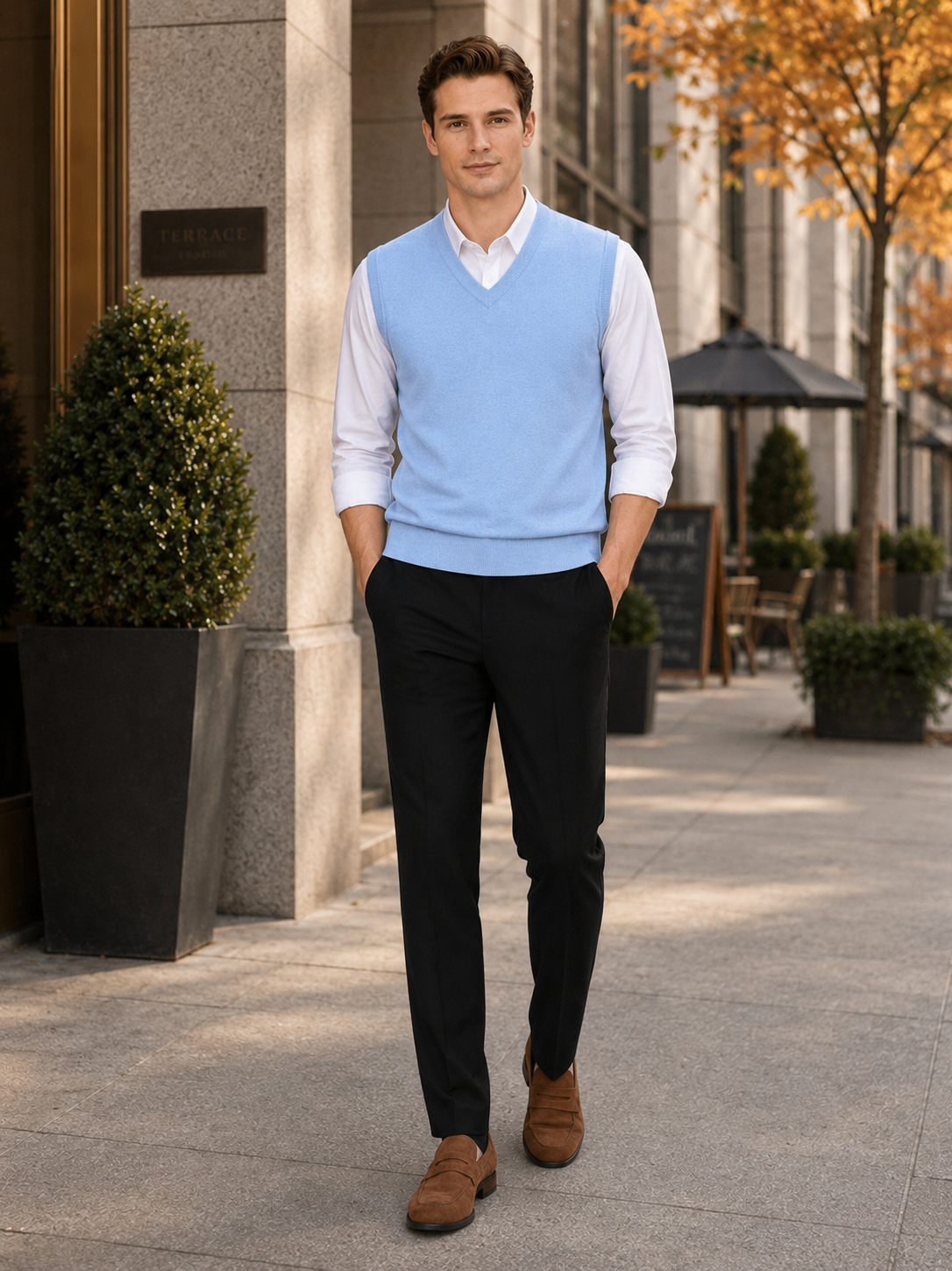 Man styling blue sweater vest in a polished business casual and everyday lifestyle outfit