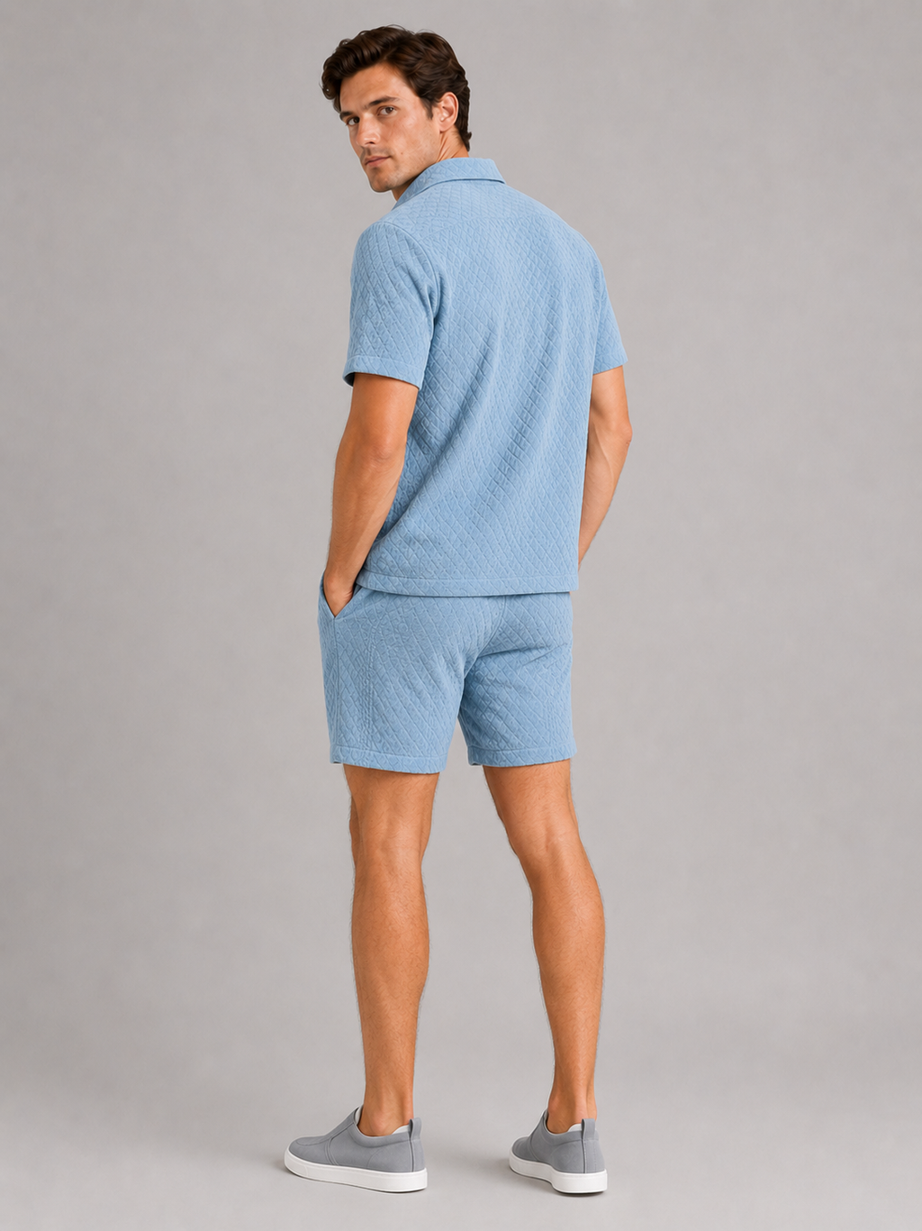 Men’s blue textured summer co ord set comfortable vacation outfit for beach and resort looks