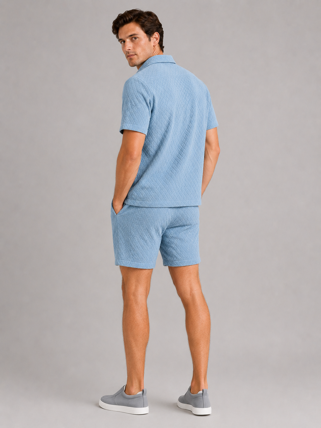 Men’s blue textured summer co ord set comfortable vacation outfit for beach and resort looks