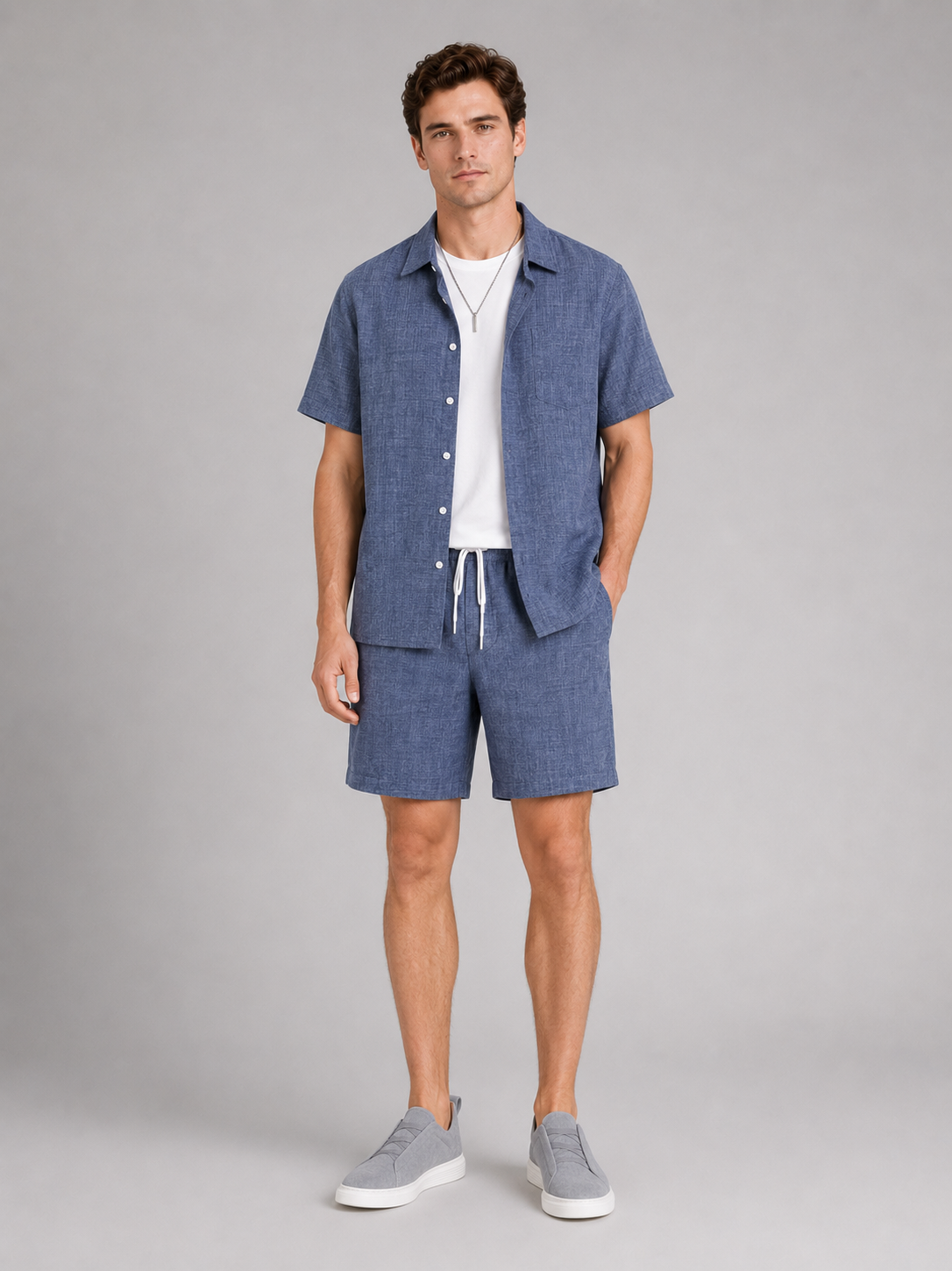 Blue shirt and shorts set for men loose fit summer outfit for casual vacation wear