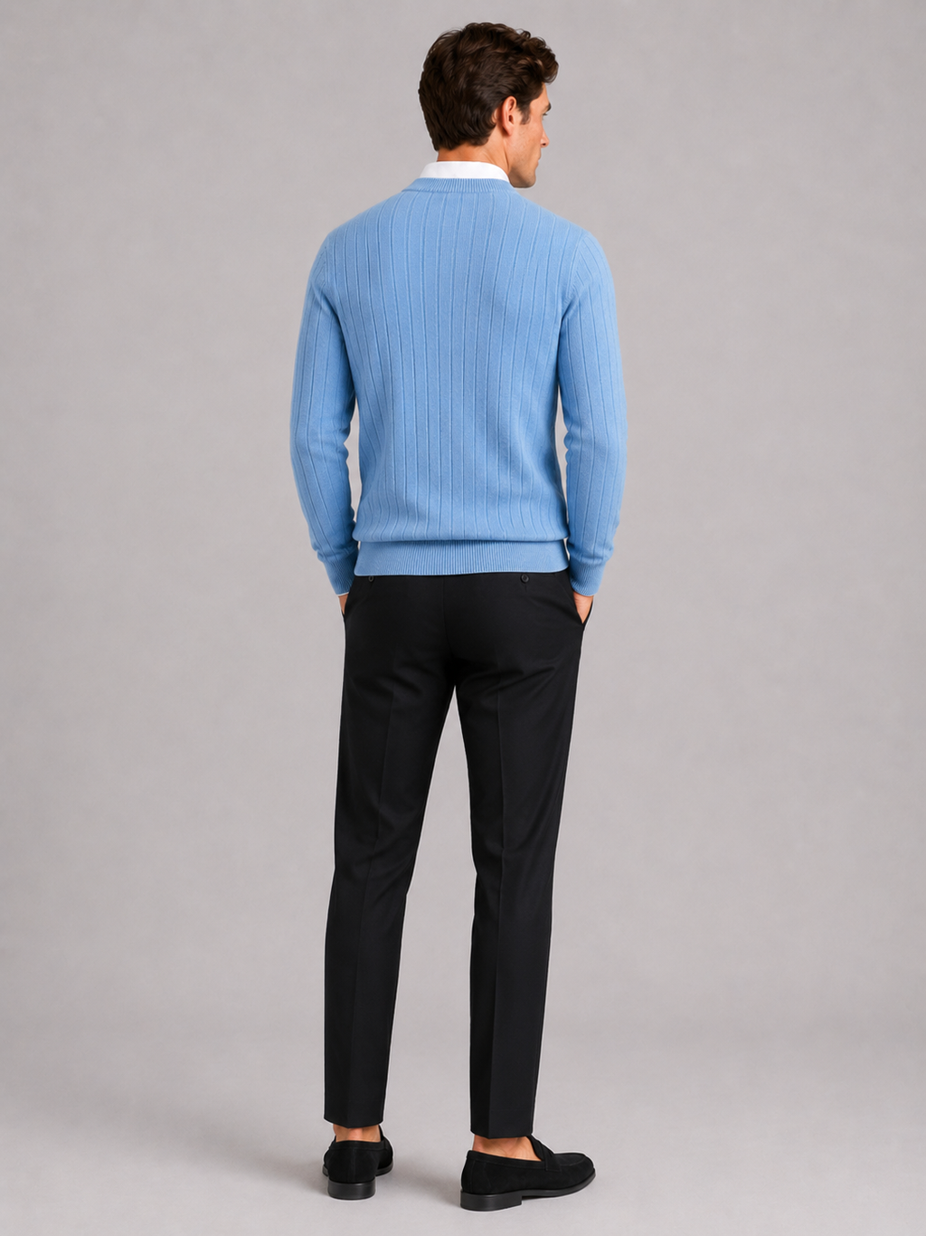 Men’s blue knit cardigan sweater comfortable long sleeve layer for business casual outfits
