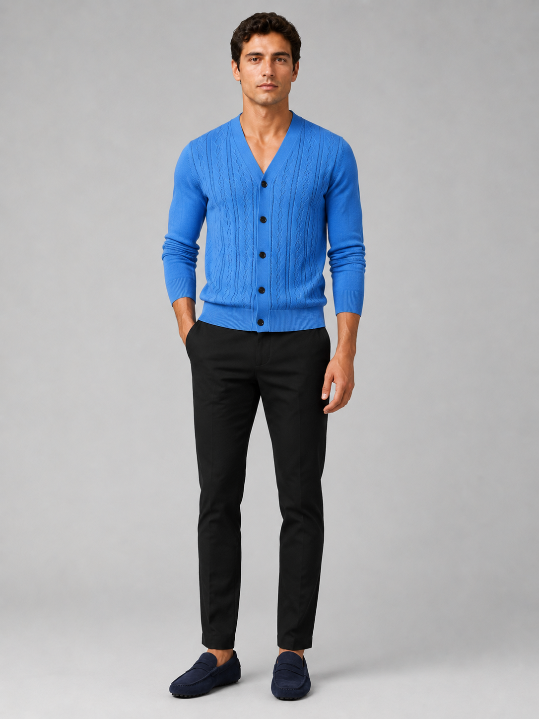 Blue v neck cardigan sweater for men slim fit layering piece for everyday wear