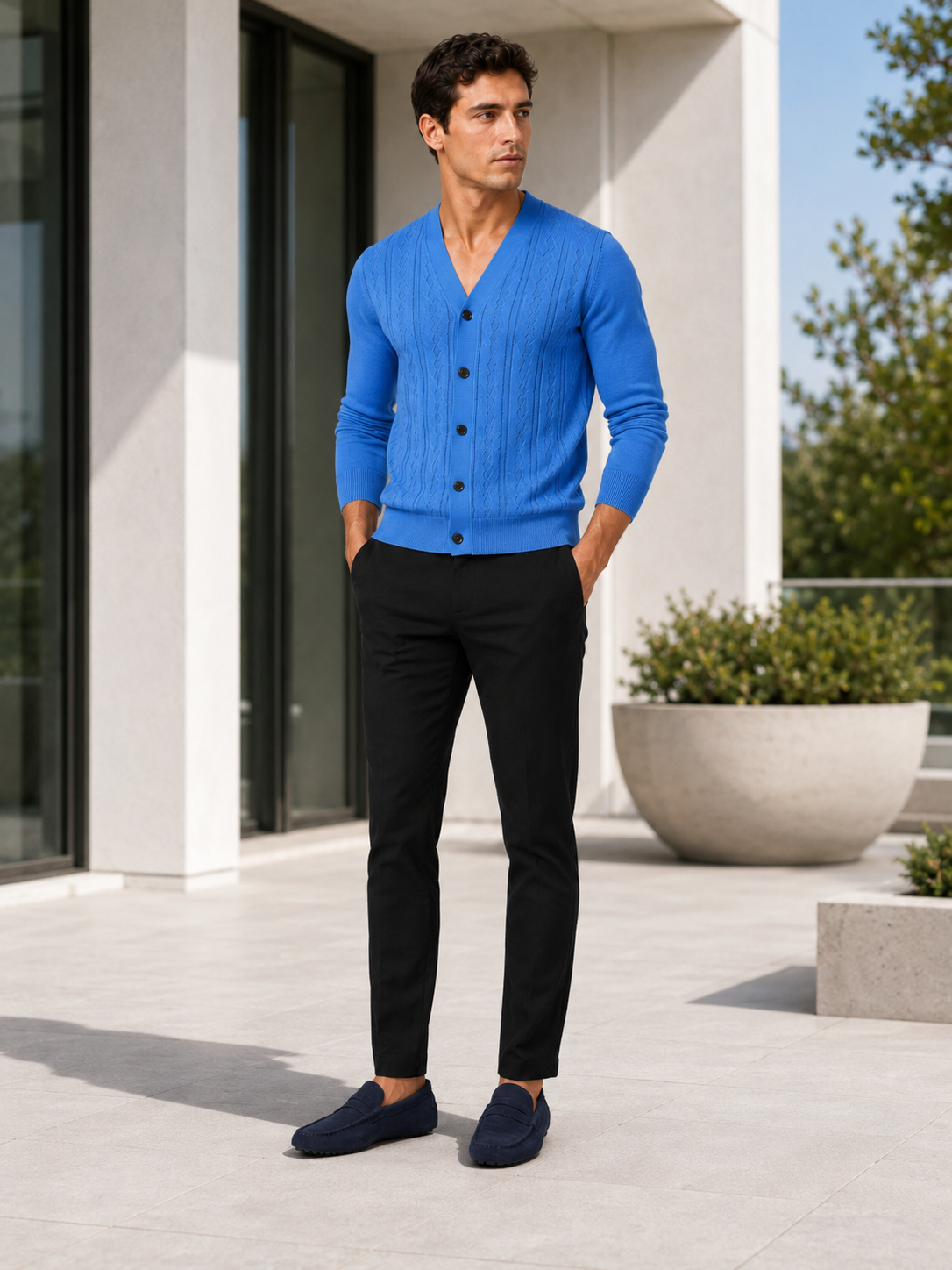 Man styling blue v neck cardigan sweater in a clean everyday smart casual outfit