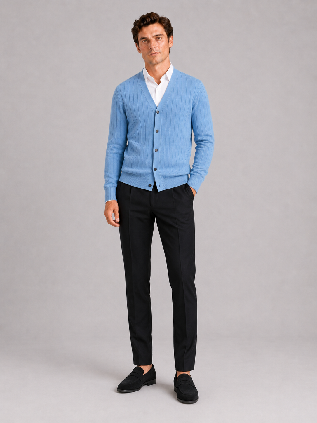 Blue v neck cardigan sweater for men slim fit layering piece for office and everyday wear