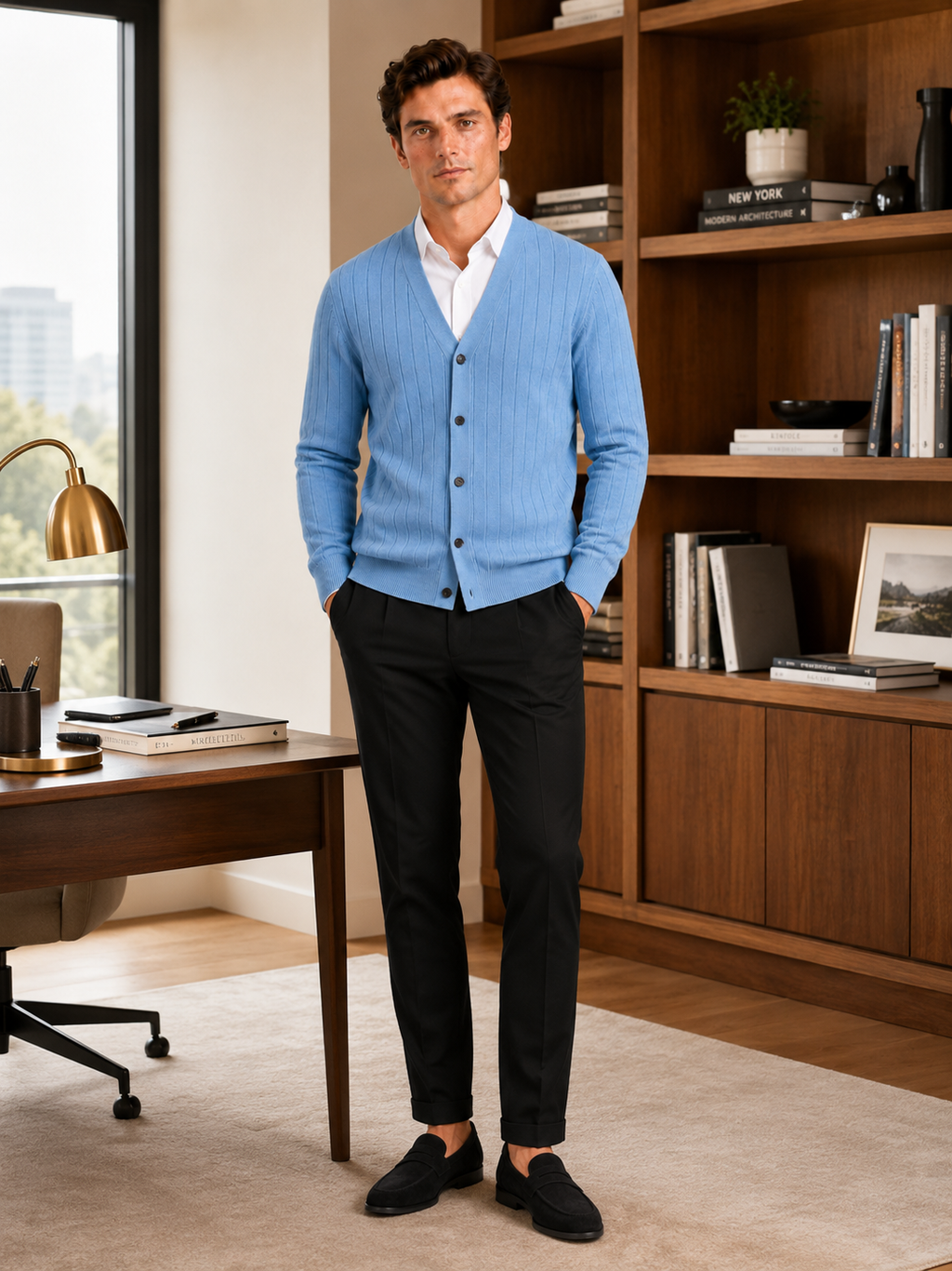 Man styling blue v neck cardigan sweater in a refined office and smart casual lifestyle outfit