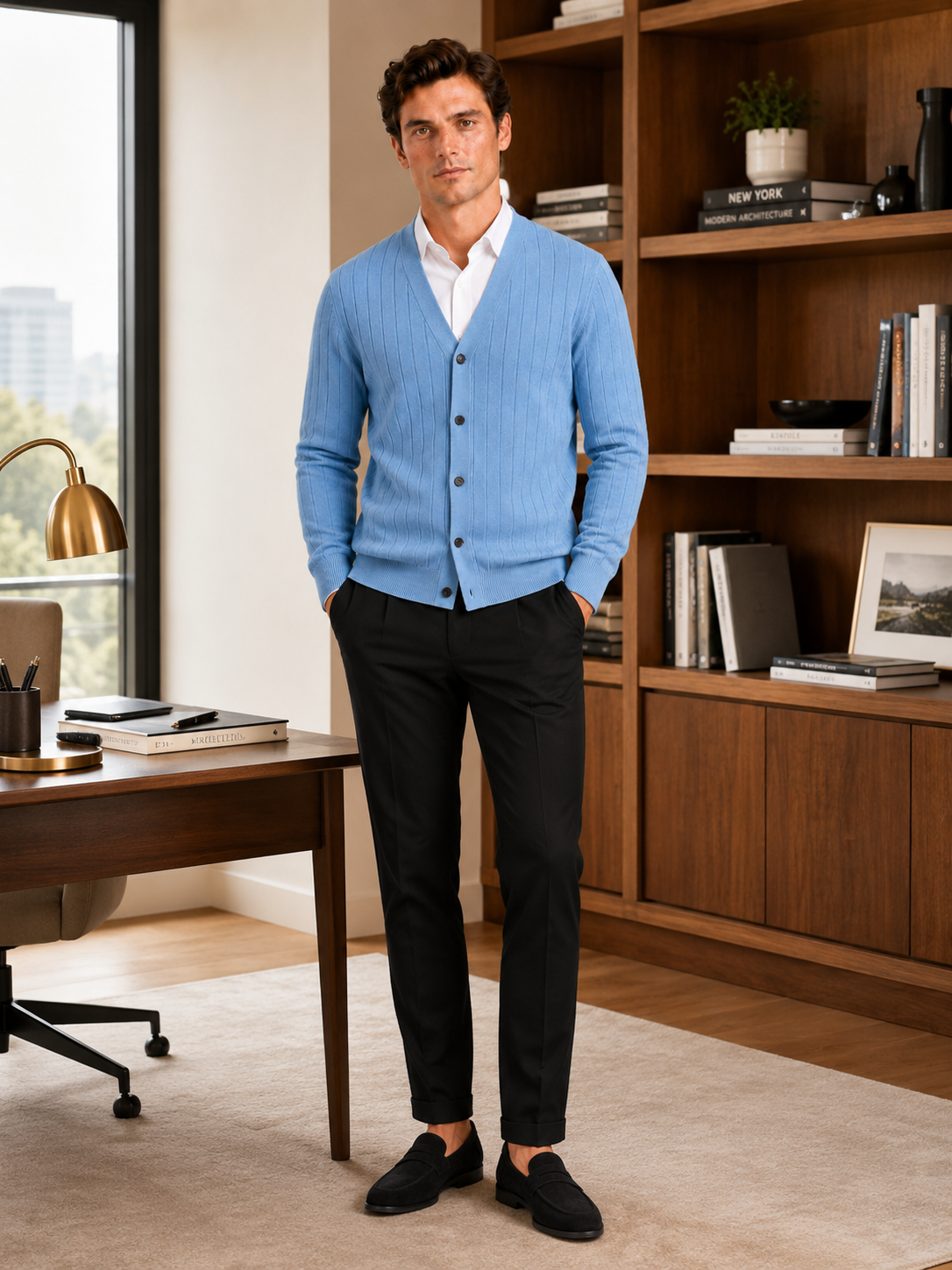 Man styling blue v neck cardigan sweater in a refined office and smart casual lifestyle outfit