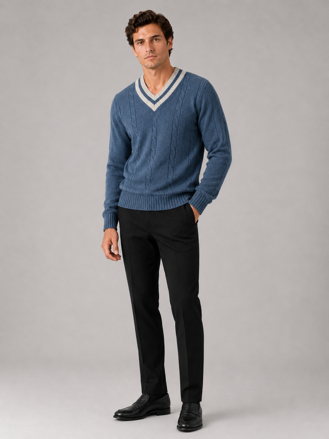 Men’s blue knit pullover breathable warm sweater for fall winter everyday outfits