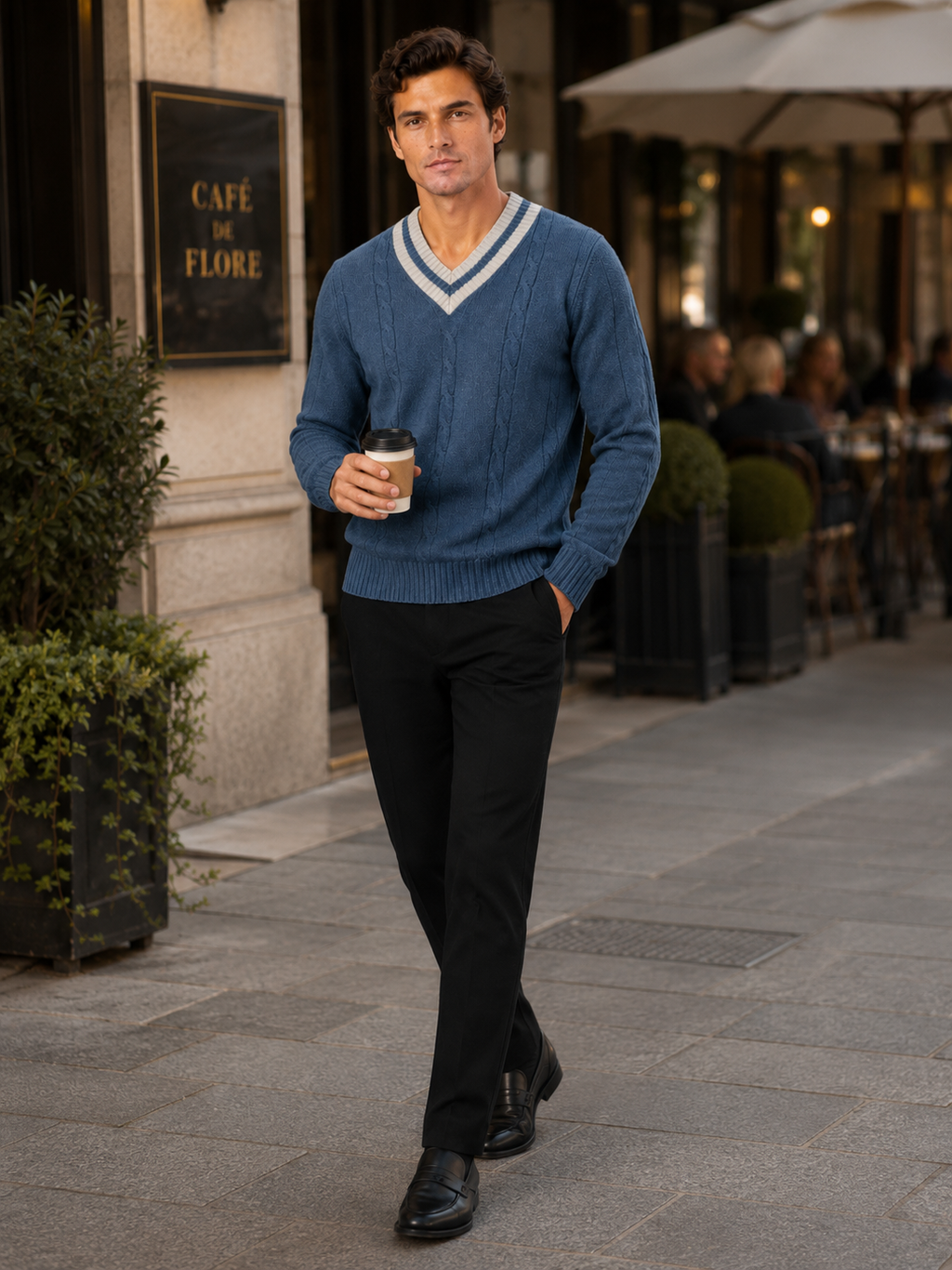 Man styling blue v neck knit sweater in a clean fall winter lifestyle outfit