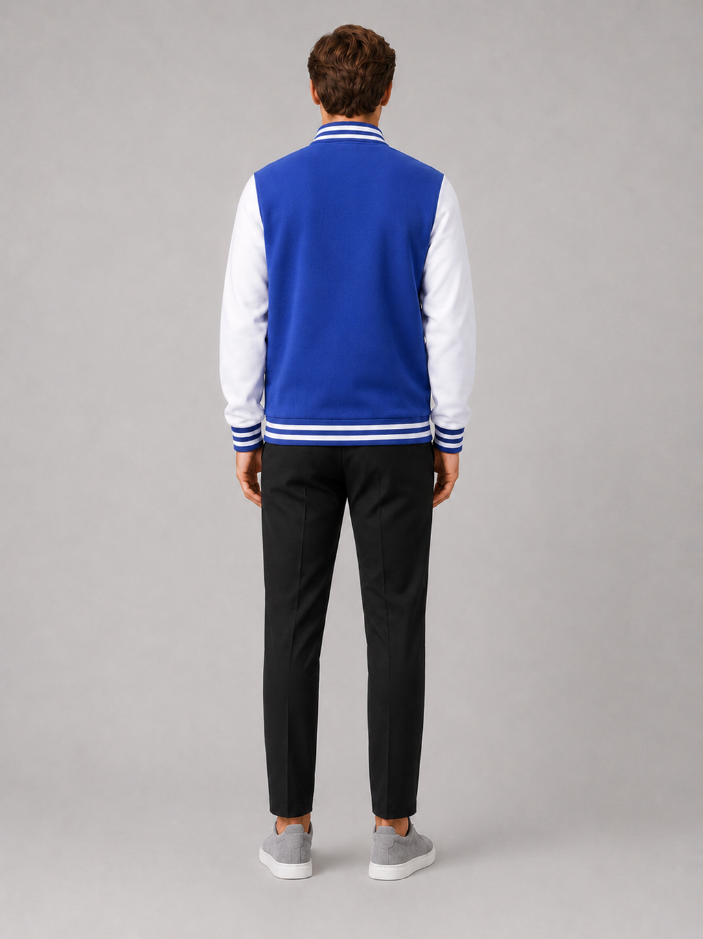 Men’s blue color block baseball jacket comfortable fall winter layer for streetwear outfits