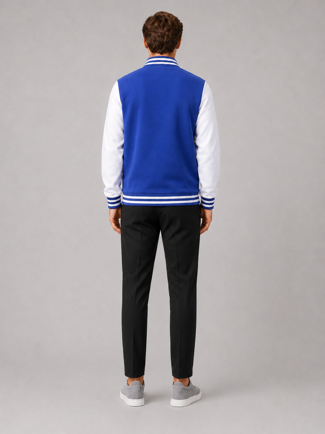 Men’s blue color block baseball jacket comfortable fall winter layer for streetwear outfits