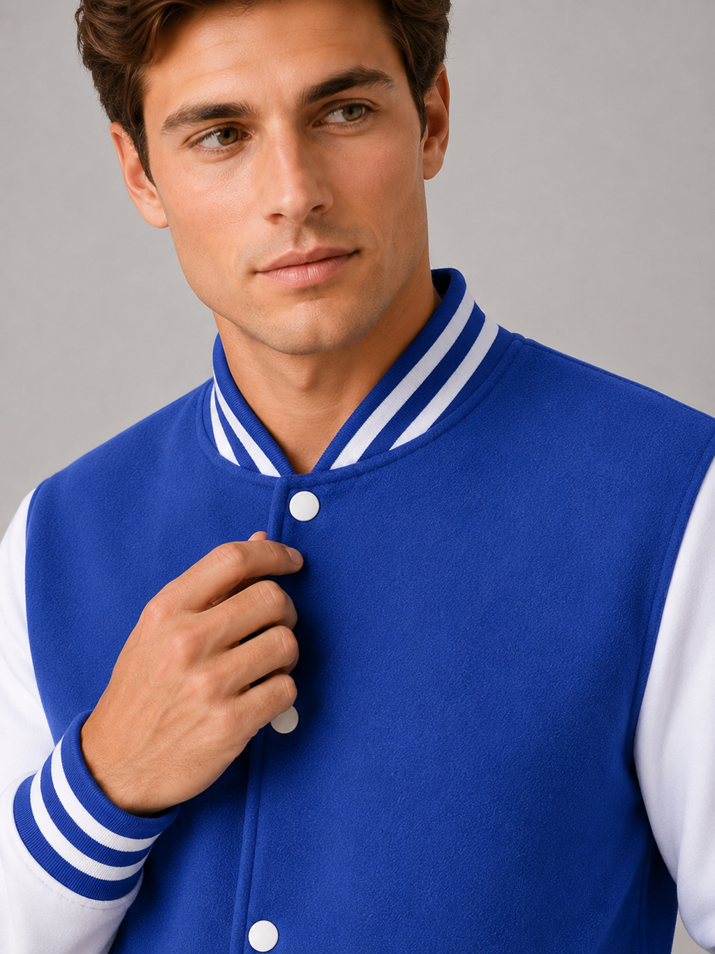 Close up of blue varsity jacket showing soft fleece lining, color block design, and snap button detail