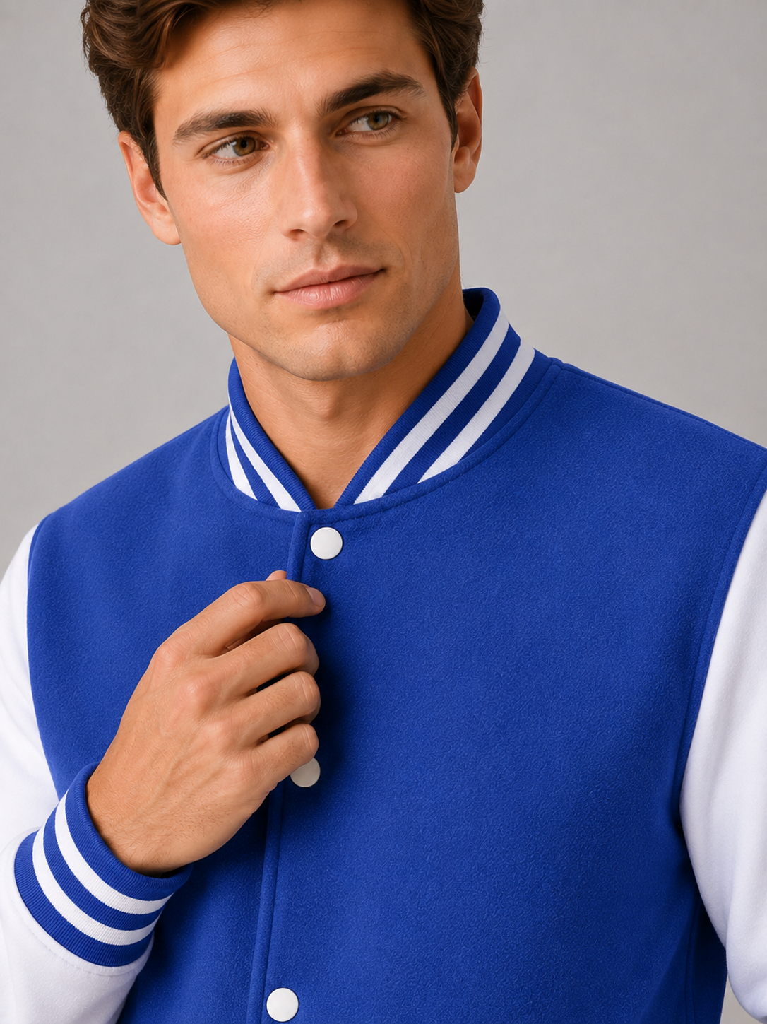 Close up of blue varsity jacket showing soft fleece lining, color block design, and snap button detail