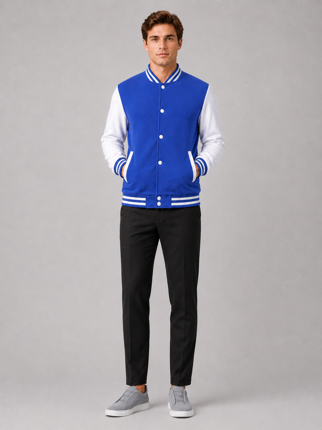 Blue fleece lined varsity jacket for men warm baseball outerwear for casual everyday wear