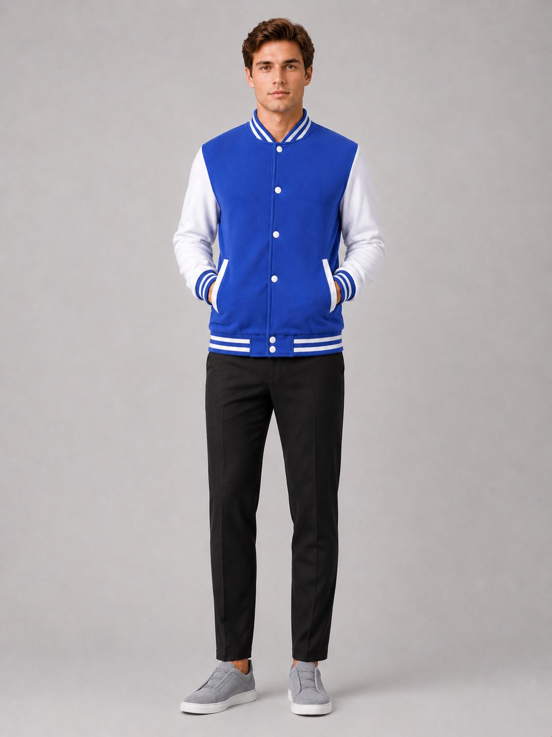 Blue fleece lined varsity jacket for men warm baseball outerwear for casual everyday wear
