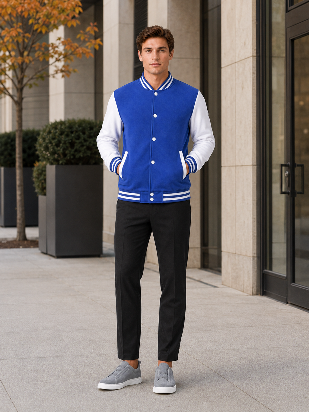 Man styling blue varsity jacket in a clean casual and everyday winter lifestyle outfit