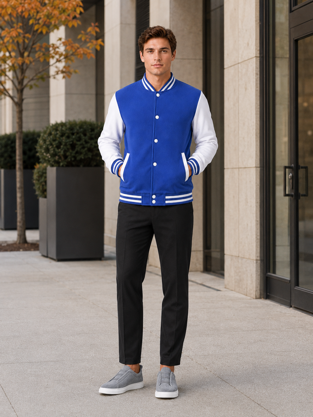Man styling blue varsity jacket in a clean casual and everyday winter lifestyle outfit