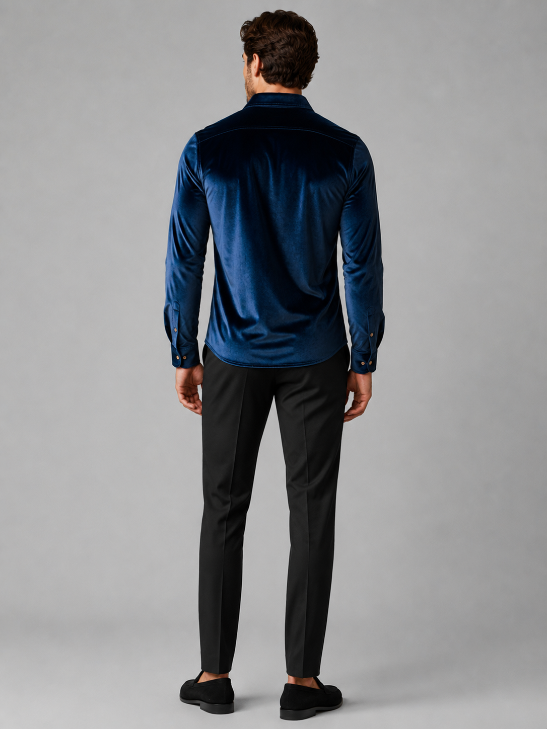 Men’s blue velvet shirt comfortable fall winter top for parties, dinners, and evening outfits
