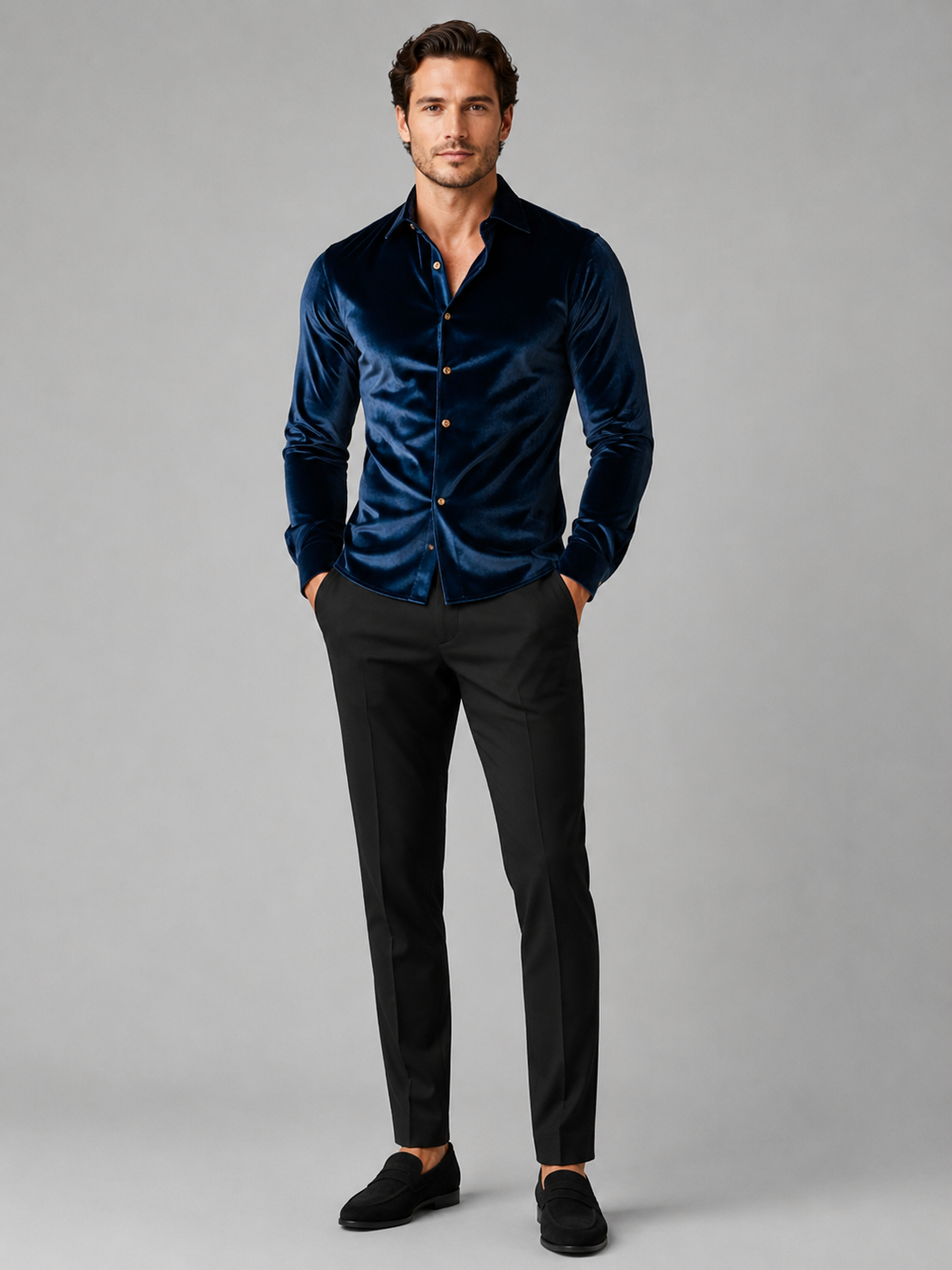 Blue velvet button up shirt for men long sleeve evening top for business casual wear