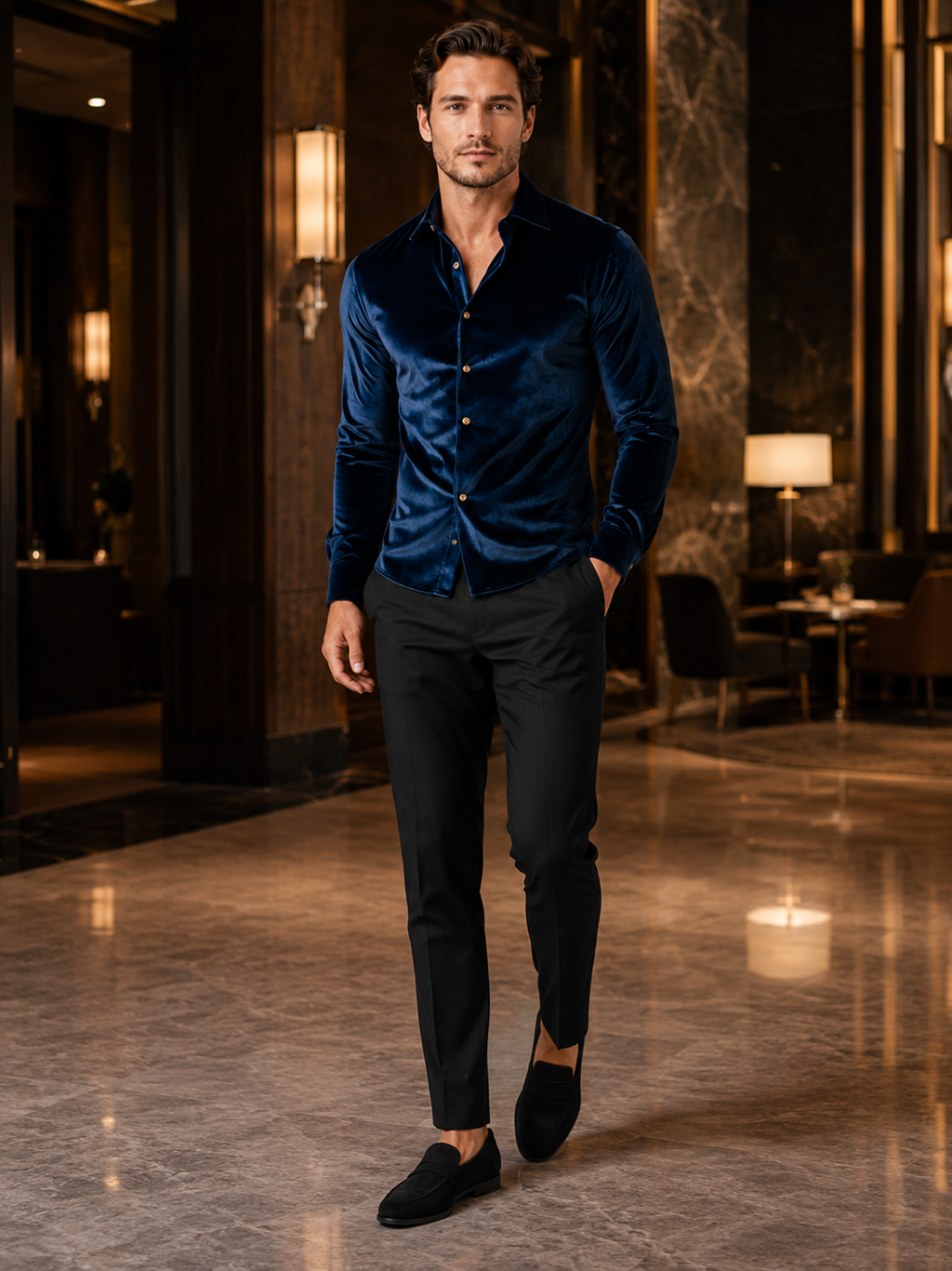 Man styling blue velvet button up shirt in a refined evening and business casual outfit