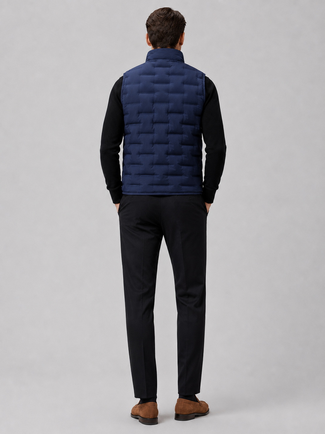 Men’s navy insulated down vest comfortable sleeveless outerwear for fall winter casual outfits