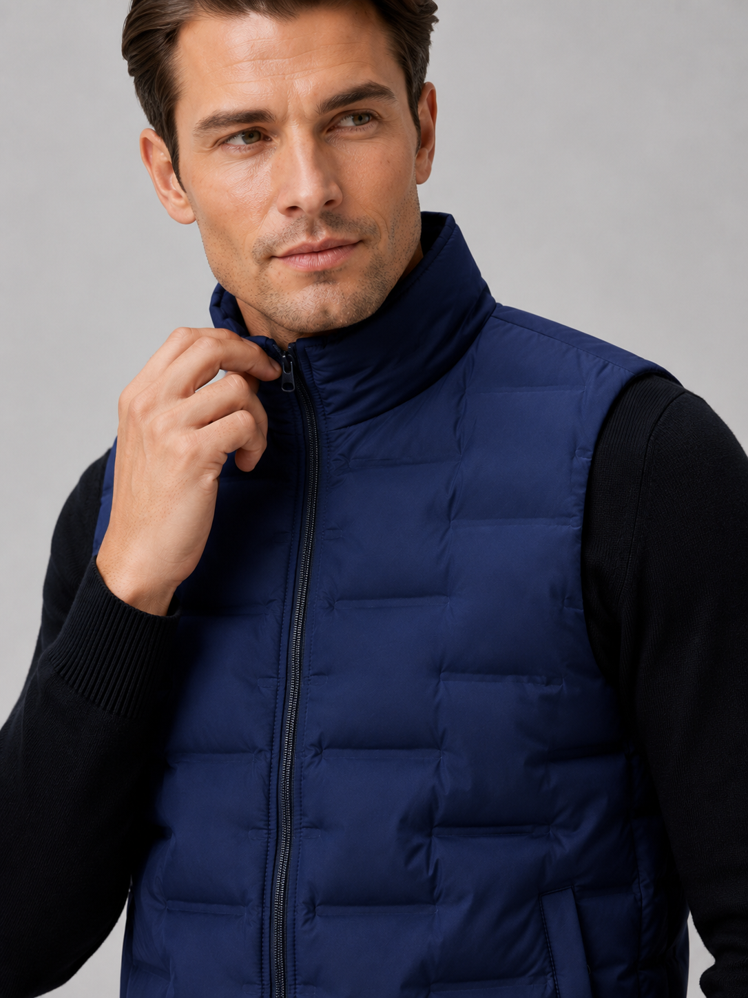 Close up of navy white duck down vest showing lightweight quilted insulation, stand collar, and weather resistant fabric detail