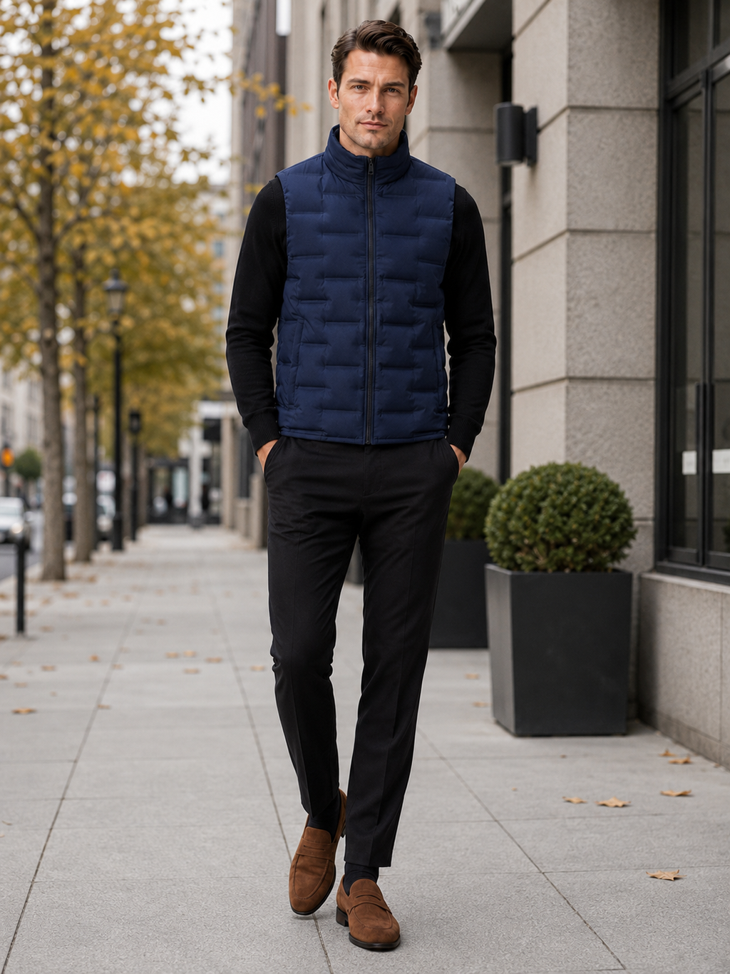 Man styling navy white duck down vest in a classic outdoor and everyday winter lifestyle outfit